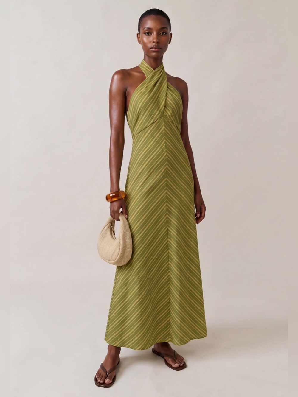 Few Moda o.p.t. Noelle Green Linen Halter Maxi Dress- in Citrus Stripe